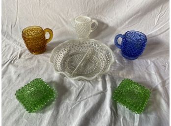 Hobnail Assortment Moonstone Serving Plate Green Votive Candle Holders Amber And Blue Cups Few Small Chips