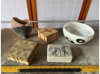 Mixed Collection Of Unique Stone Glass And Wood Containers Bowl Vase Of Various Sizes.