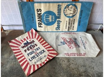 Vintage Farm Feed Flour Bags, Victory Flour , Wayne Feeds  Poultry Livestock, Franks Garden King Sheep Manure