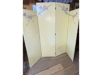 4 Panel Screen Wall Room Divider Pale Yellow 80x68in Floral Detail And Pink Ribbons