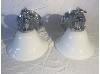 Pair Of Chrome Vanity Wall Sconces With White Glass Shades
