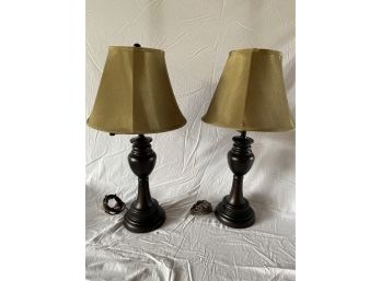Pair Of Matte Brown Table Lamps With Swing Arm And Golden Shade 26in