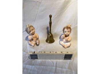 Vintage Inarco 1961 Japan E-183/L Porcelain Baby Figurines And A 7 Inch Brass Bell