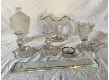 Glass Box Lot Collection Dolphins Iridescent Cornucopia Federal Jar With Eagle Lid Glass Ruler Clean