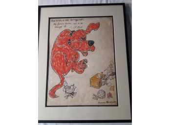 Framed Illustration Of Clifford The Big Red Dog , Dedicated To Teacher And Signed, Unauthenticated.