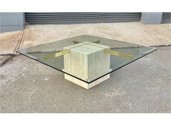 Vintage Travertine Glass And Brass Coffee Table By Artedi