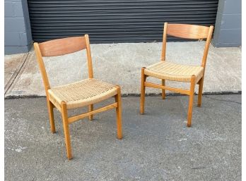 Vintage Pair Of Teak And Beechwood Chairs With Cord Seats Made In Sweden