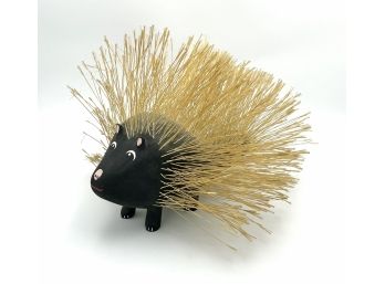 Vintage Hand Carved Wood And Hay Porcupine Sculpture By New Mexico Artist Elmer Alvarez Dated 1991
