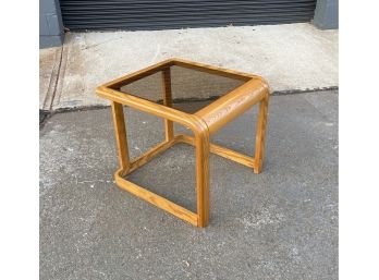 Vintage Oak And Smoked Glass Side Table