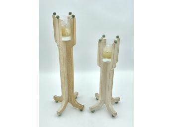 Pair Of Vintage 1980s Handcrafted Wood And Copper Candle Holders Signed And Dated