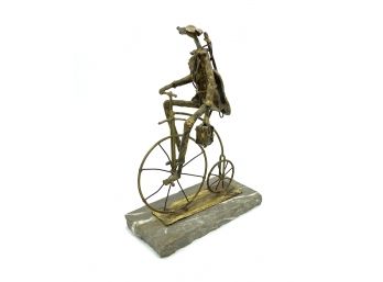 Vintage Brutalist Style Metal Sculpture Of Musician Riding Bicycle Signed Illegibly