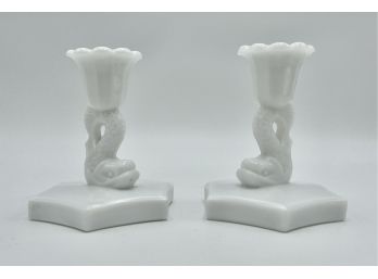Pair Of Vintage Milk Glass Koi Candle Sticks By Westmoreland