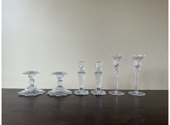 Three Pairs Of Beautiful Etched & Cut Glass Candle Sticks