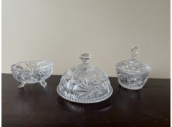 Three Excellent Pieces Of Cut Glass - Butter Serving Dish & Two Candy Dishes