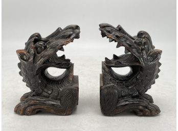 A Pair Of Antique Asian Carved Rosewood Dragon Form Bookends