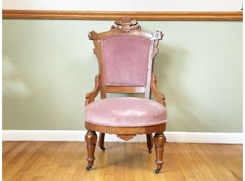 An Antique Carved Maple Velvet Upholstered Parlor Chair