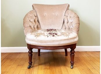 An Edwardian Tufted Velvet Parlor Chair With Needlepoint Cushion