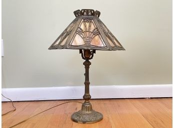 An Antique Bronze Lamp With Slag Glass Paneled Shade, Possibly Tiffany
