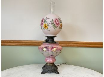An Antique Electric Converted Gas Lamp With Painted Milk Glass Shades