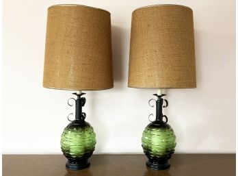 Vintage Mid Century Modern Glass Lamps W/ Original Shades
