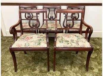 A Set Of 6 Vintage Mahogany Lyre Back Dining Chairs