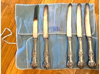 Set Of 5 Antique Silver Dinner Knives In Cartier Sleeve