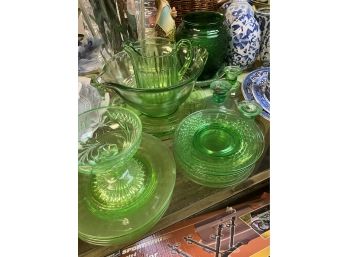Lot Of Green Depression Glass- 17 Pieces
