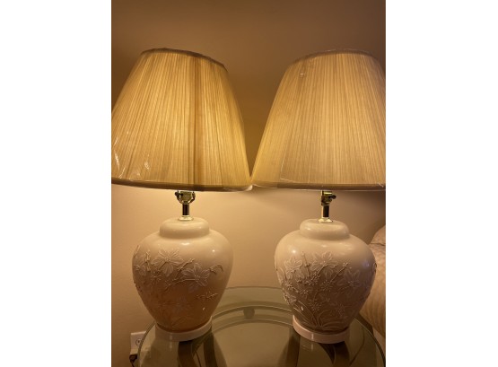Pair Of Cream Table Lamps With Floral Engraving