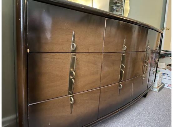 Stunning Mid Century Two Tone Mahogany Dresser With Unique Brass Handles