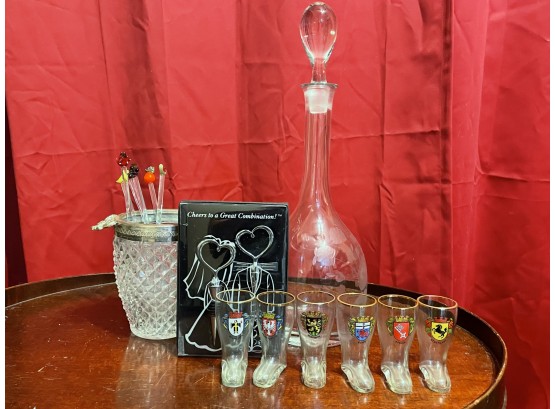 Crystal Decanter, Ice Tray And Vintage Shot Glass Collection