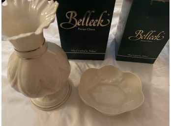 Belleek Hand Crafted Parian China Vase And Tray In Box From Ireland