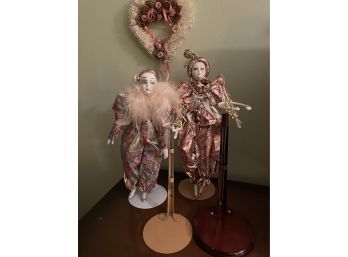 Two Hand Made And Hand Painted Fine Collectible Porcelain Dolls With Stand And Decor