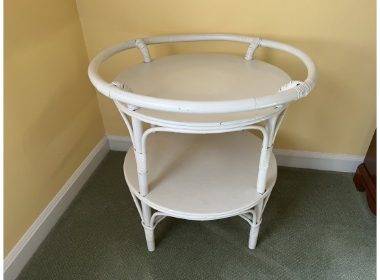 White Painted Rattan Two Tier Accent Table