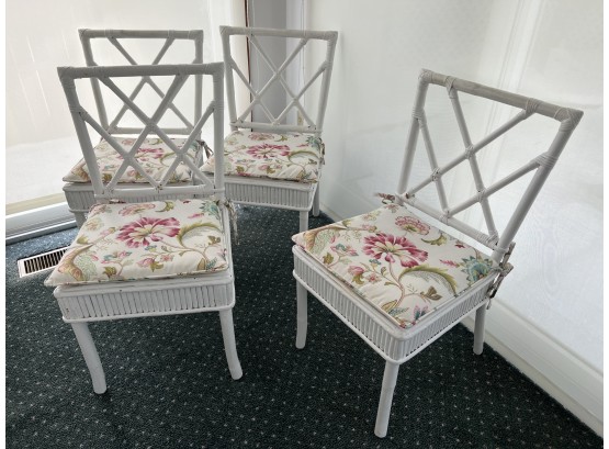 Set Of 4 White Painted Rattan Cross Back Dining Side Chairs With Custom Upholstry