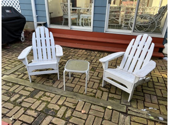 Pair Of LL Bean Foldable White Adirondack Chairs With Small Table