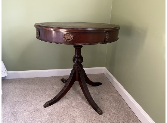 Tooled Leather Top Single Drawer Drum Table