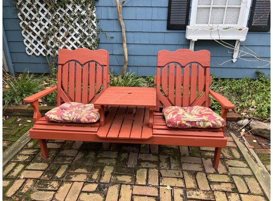 LL Bean Red Double Adirondack Chair With Umbrella Slot In Middle