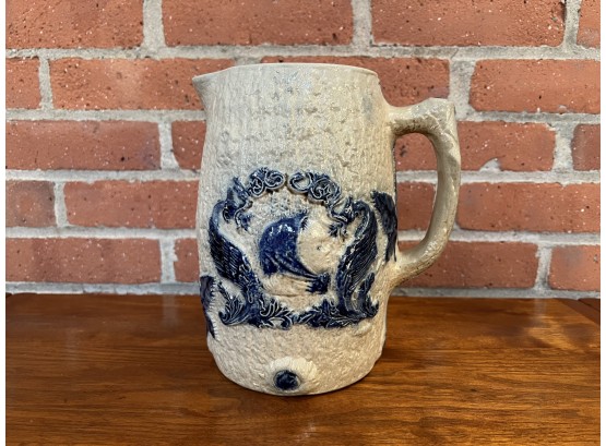 White's Pottery Stoneware Pitcher With Cobalt Blue Flowers & Portrait