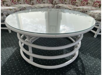 Round White Painted Rattan Glass Top Coffee Table