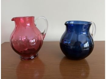 Vintage Pair Of Round Blue & Cranberry Glass Pitchers