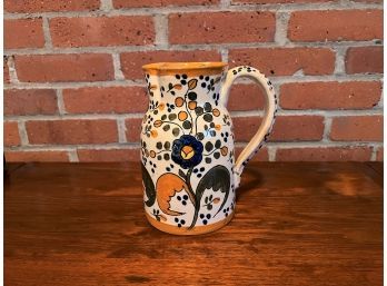 Vintage Czech Hand Painted Glazed Pottery Pitcher With Flowers