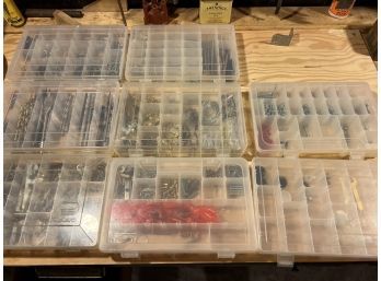 8 Plastic Storage Containers With Miscellaneous Hardware