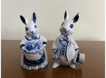 Pair Of Vintage Well Dressed Crackle Glaze Porcelain Rabbits