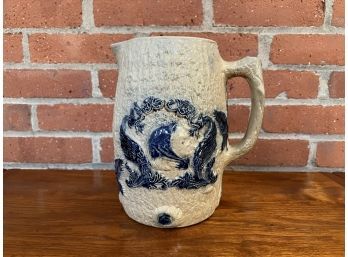 White's Pottery Stoneware Pitcher With Cobalt Blue Flowers & Portrait