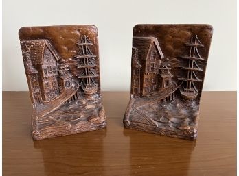 Pair Of Book Ends Depicting A Wharf And Red Lion Tavern