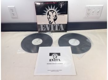 Evita. Premiere American Recording. Lyrics By Tim Rice. Music By Andrew Lloyd Webber. Double LP Record.