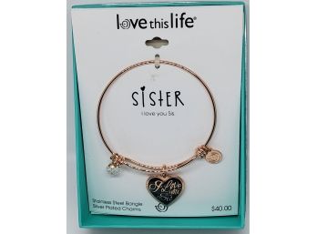 Beautiful Rose Goldtone 'I Love You Sis' Stainless Steel Bangle With Silver Plated Charms