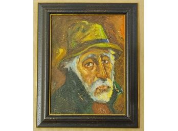 Mid-Century Oil On Canvas, Portrait Of A Man In Green Hat, Signed Jose Rodriguez