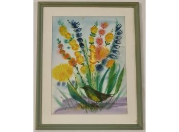 Mid-Century Floral Watercolor With Bird, Signed Brazillia
