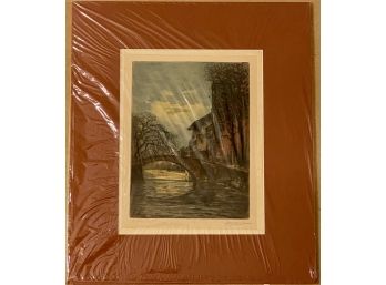 19th C. Hand Colored Etching Of A European Arched Bridge, Signed Lucien Davril